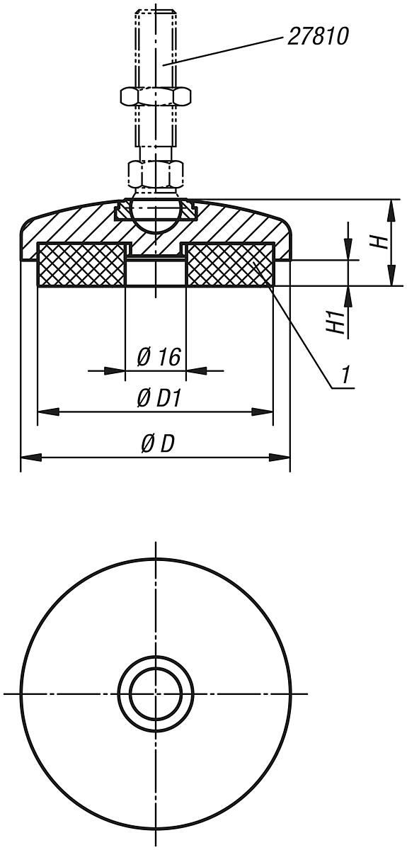 Kipp K0419.20402 TELLER FÜR GELENKFÜSSE  EDELSTAHL, ? 40 MIT SCHWINGUNGSD MFU - K0419 Teller fuer Gelenkfuesse mit Schwingungsdaempfung - Massblatt