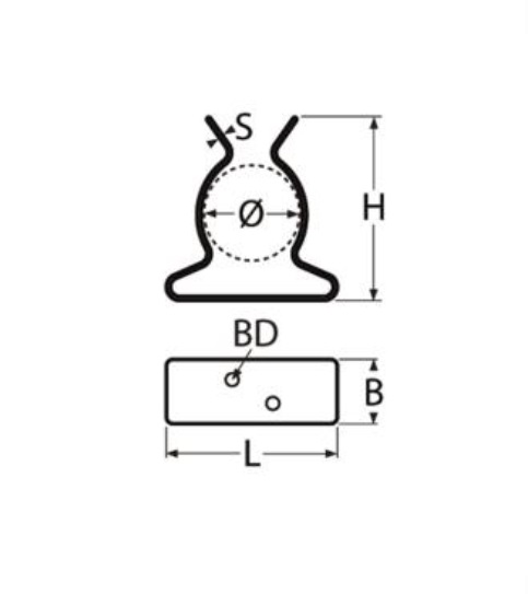 Leschhorn 8593-16-25-NI Aufhänge-Clips, Edelstahl A2-AISI 304, Klemmbereich 16-25mm, L= 35mm, 1 VPE = 10 Stück - LE 8593 Aufhaenge-Clips - Edelstahl A2-Skizze