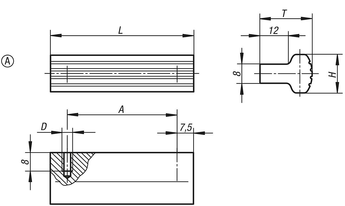 Kipp K0232.10702 LEISTENPROFILGRIFF, FORM A, A=70, SCHWARZ ELOXIERT - K0232-A Leistenprofilgriffe - Form A - Massblatt