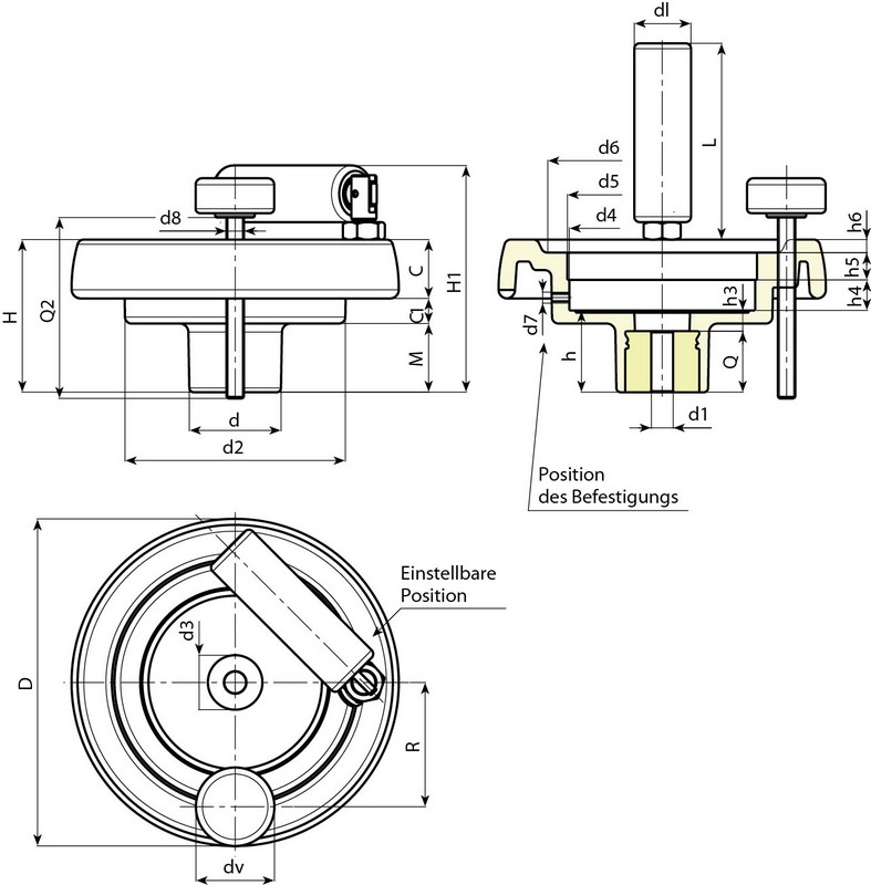 Leschhorn K905 Scheibenhandräder mit Griff und Feststellschraube für Positionsanzeigen  D 199; d5 125,5 (S120/1); d1 20 H7 - Boteco K905 Speichenhandraeder mit Griff fuer Positionsanzeigen