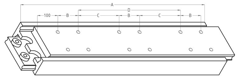 Leschhorn HPTV 11044-190-ST Hochpräzise Schwerlast Teleskopschienen T- Form, Vollauszug, L= 1900 mm, Lastwert 830kg, Profil 110x40; Gewinde= M10, Stahl C45E+C (1.1191) verzinkt - LE HP11044-Bemassung