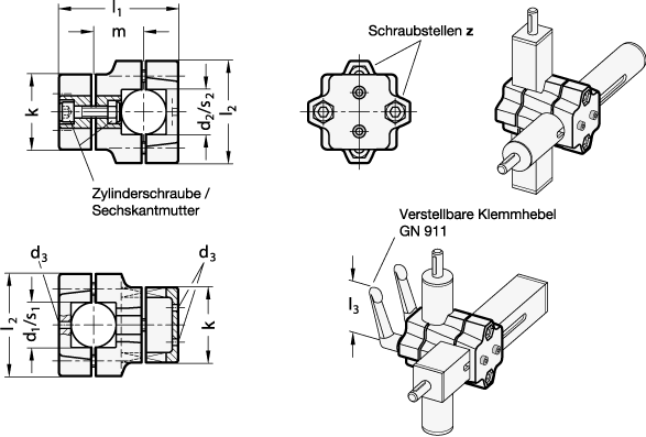Ganter 134.2-B30-B30-50-2-S  Kreuz-Verfahrschlitten, Aluminium, mehrteilig, für Zweiachssystem, Bohrung d1 - Bohrung d2: B30-B30, Klemmlänge: 50, Kennziffer: 2 - mit 4 Edelstahl-Zylinderschrauben ISO 4762 - GN 134-2 Kreuz-Verfahrschlitten - Aluminium - mehrteilig - fuer Zweiachssystem - Massblatt