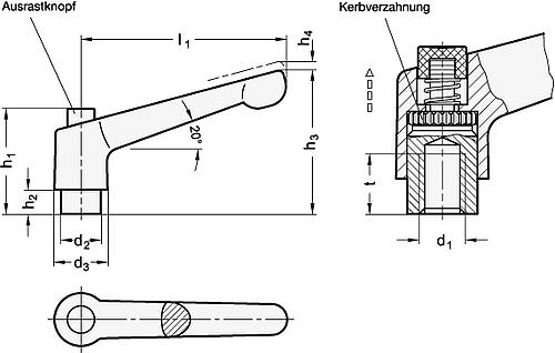 Ganter 303.2-30-M4-SW-G Verstellbare Klemmhebel, mit Ausrastknopf, Zink Druckguss, Buchse Stahl verzinkt - GN 303-2 Verstellbare Klemmhebel - mit Ausrastknopf - Zink Druckguss - Buchse Stahl verzinkt-Abbildung