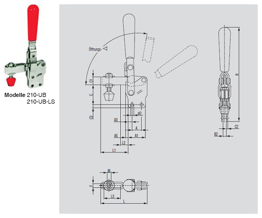 DESTACO 210-TUB Vertikal-Kniehebelspanner Haltekraft 2800 N - 3400 N, Öffnungswinkel 105° - 210-UB 210-UB-LS Vertikalspanner - U-Spannarm - Fuss gerade - ohne Spindel