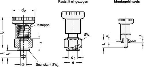 Ganter 607.3-6-10,5-ST RASTBOLZEN - GN 607-3 Rastbolzen mit Rastsperre - fuer duennwandige Teile-Skizze