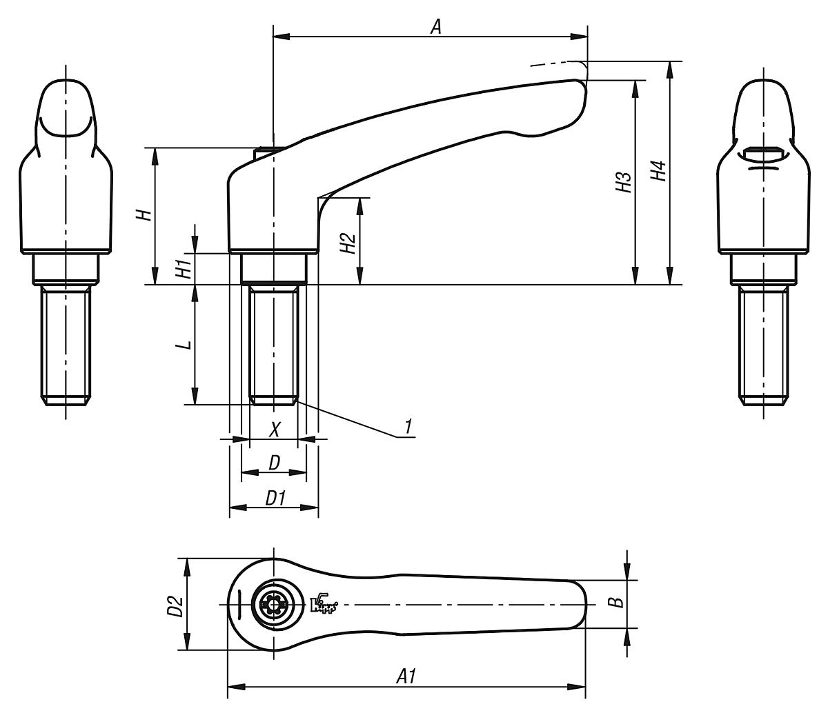 Kipp K0123.2101X30 KLEMMHEBEL GR.2  M10X30       EDELSTAHL, GRIFFHEBEL SCHWARZ SEIDENMATT - K0123 Klemmhebel mit Aussengewinde - Stahlteile aus Edelstahl - Massblatt