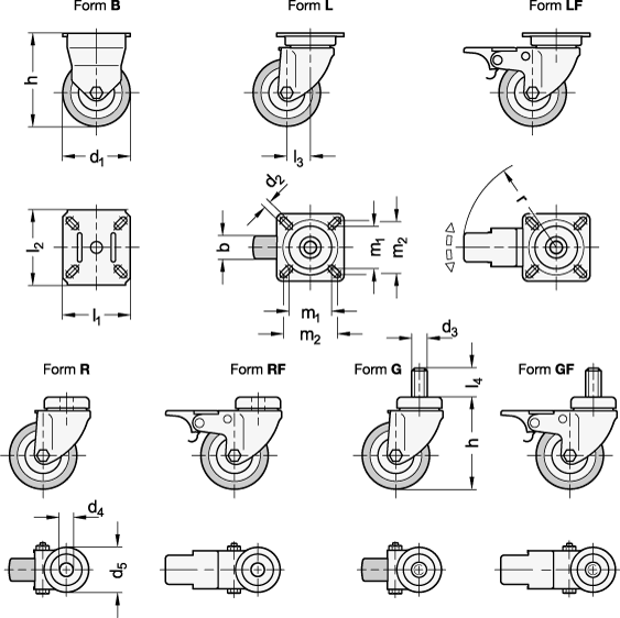 Ganter 22870-40-G-B-L-ST  Apparaterollen, Laufbelag Gummi, Radkörper Polypropylen, leichte Ausführung, Werkstoff (Gehäuse): ST - Stahlblech, verzinkt, Raddurchmesser d1: 40, Lagerart: G - Gleitlager - GN 22870 Apparaterollen-Laufbelag Gummi-Radkoerper Polypropylen-leichte Ausfuehrung-Massblatt
