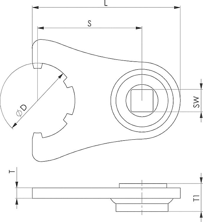 AMF 250Md-16 Spannzangenschlüssel mit Aufnahme für Drehmomentschlüssel, Größe : 16, D: 32, L: 69 - LE 250Md Spannzangenschluessel mit Aufnahme fuerDrehmomentschluessel-Skizze