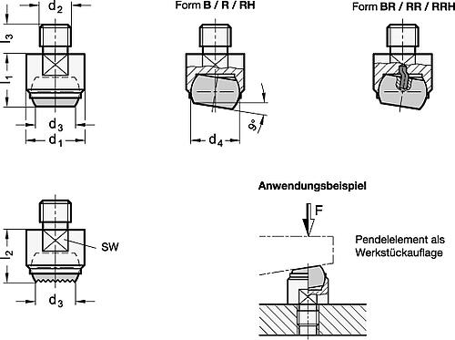 Ganter 709.1-13-M6-B PENDELELEMENT M. AUSSENGEWINDE, DRUCKFLÄCHE PLAN - GN 709-1 Pendelelemente - mit Gewindezapfen - Stahl-Skizze