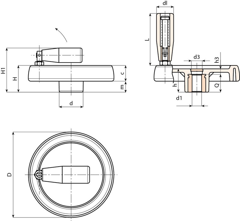 Leschhorn C198 Scheibenhandräder mit Umleggriff  D 173; Bohrung 8H7; d 40; schwarz - Boteco C198 Scheibenhandraeder mit Umleggriff