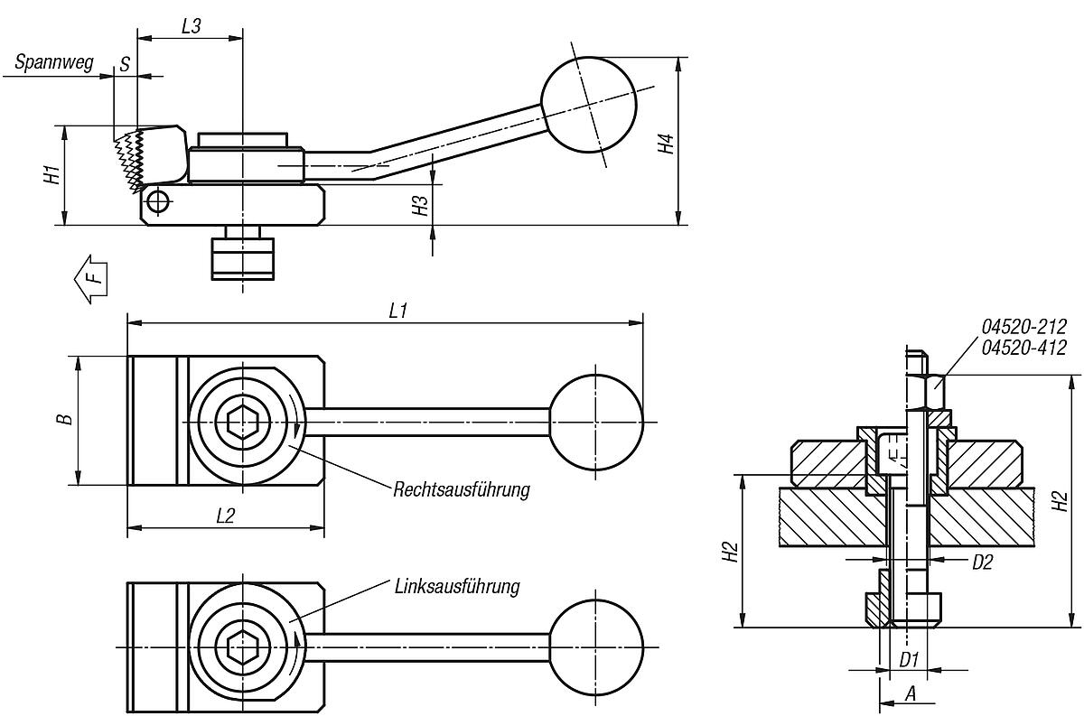 Norelem 04520-112X1 NIEDERZUGSPANNER, LINKSAUSFÜHRUNG MIT EBENER SPANNBACKE - NLM 04520-SE Niederzugspanner Spannbacken eben - Massblatt