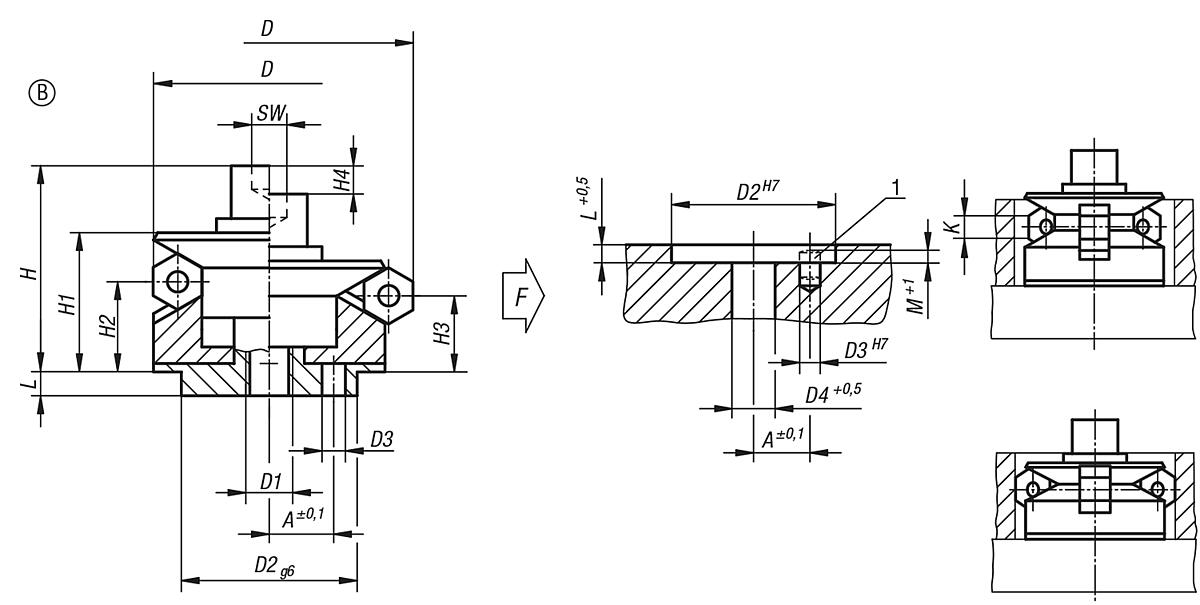 Kipp K0358.201905 ZENTRIERSPANNER FORM B - K0358-B Zentrierspanner mit Schutz - Massblatt
