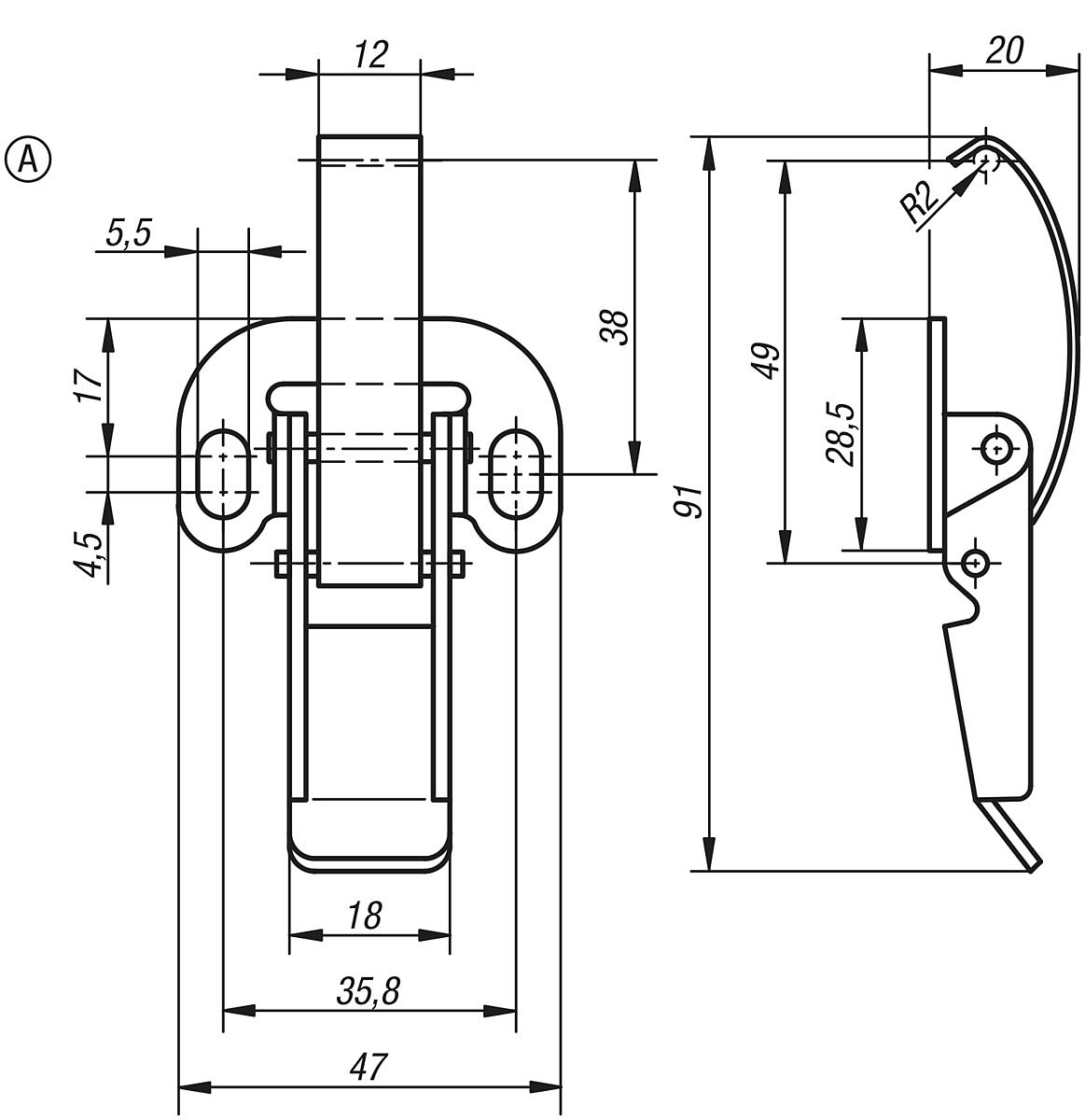 Norelem 05526-1550911 SPANNVERSCHLUSS MIT FEDERBÜGEL, FORM A, STAHL - NLM 05526-SVA Spannverschluesse mit Federbuegel Form A - Massblatt