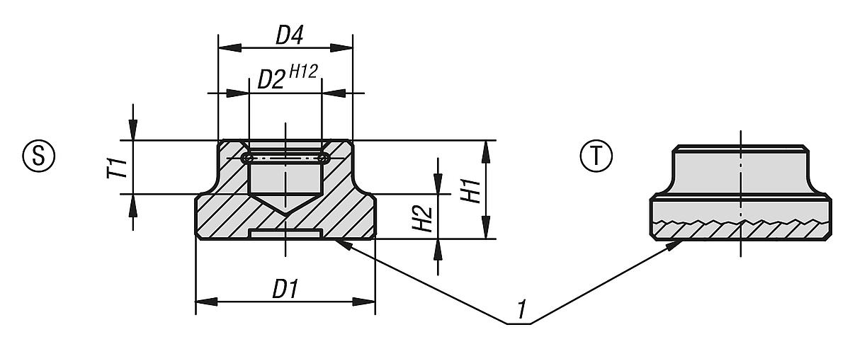 Kipp K0392.108 DRUCKSTÜCK DIN 6311 FORM T, D1=25, - K0392 Druckstuecke DIN 6311 erweitert - Massblatt