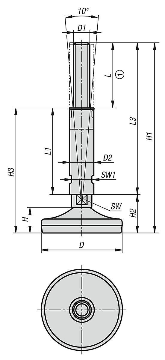 Kipp K0741.08020X143 STELLFUß EDELSTAHL  FÜR HYGIENEBEREICH, D=80, M20X143 - K0741 Stellfuesse Edelstahl fuer Hygienebereich - Massblatt