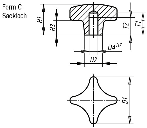 Kipp K0145.304008 KREUZGRIFF FORM C, D1=40, D4=8H7, ALU, GEROMMELT - KIPP K0145-C Kreuzgriffe aehnlich DIN 6335 aus Alum