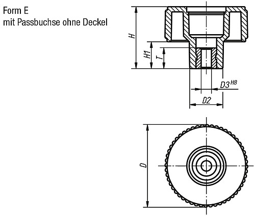 Kipp K0260.3106 NOVO.GRIP RÄNDELRAD  GR.1  FORM E, D=40, D3=6 - KIPP K0260-E Raendelraeder mit Passbuchse - Form E