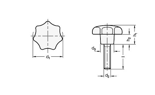 Leschhorn 6336.4-ST-32-M6-20 STERNGRIFFSCHRAUBE DIN 6336 Form L (THERMOPLAST) - GN 6336-4 Sterngriffschrauben - Kunststoff - Stahl Gewindestift-Skizze