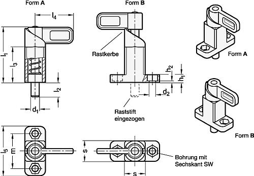 Ganter 722.2-8-20-B-SW FEDERRIEGEL, FÜHRUNG SCHWARZ BESCHICHTET - GN-722-2-Federriegel-Stahl-mit-Anschraubflansch-Skizze