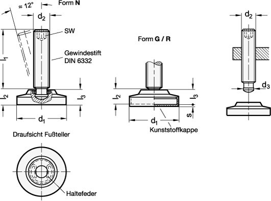 Ganter 6311.4-100-M16-114-N  Gelenkfüße, Stahl, Fussdurchmesser d1: 100, Gewinde d2: M 16, Gewindelänge l1: 114 - GN 6311-4 Gelenkfuesse - Stahl - Massblatt