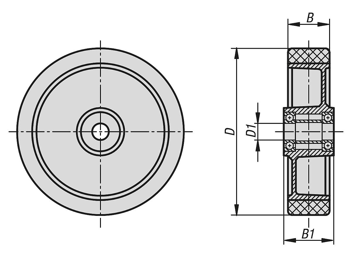 Norelem 95058-10040 ALUMINIUMRAD OHNE FESTSTELLSYSTEM, POLYURETHAN, OHNE GEHÄUSE - NLM 95058 Aluminiumraeder mit aufgespritztem Laufbelag - Massblatt
