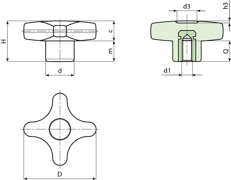 Leschhorn F186C Kreuzgriffe   D 32; d 15; Gewinde d1 M5; Kunststoff PA, schwarz, Gewindebuchse Edelstahl - LE F186-CININ Kreuzgriffe - Gewindebuchse Edelstahl-EcoLine-Massblatt