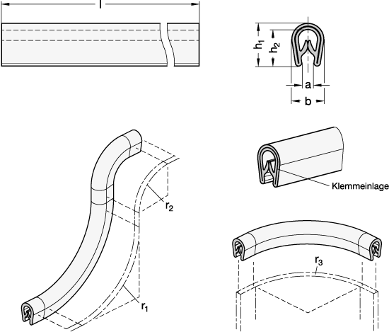Ganter 2194-MVQ-14-BL-20  Kantenschutz-Profile, Werkstoffe NBR / MVQ (Silikon), FDA-konform, h1: 14, Länge l (in Meter): 20, Farbe (MVQ): BL - blau, RAL 5010 - GN 2194 Kantenschutz-Profile - Werkstoffe NBR - MVQ - Silikon - FDA-konform - Massblatt