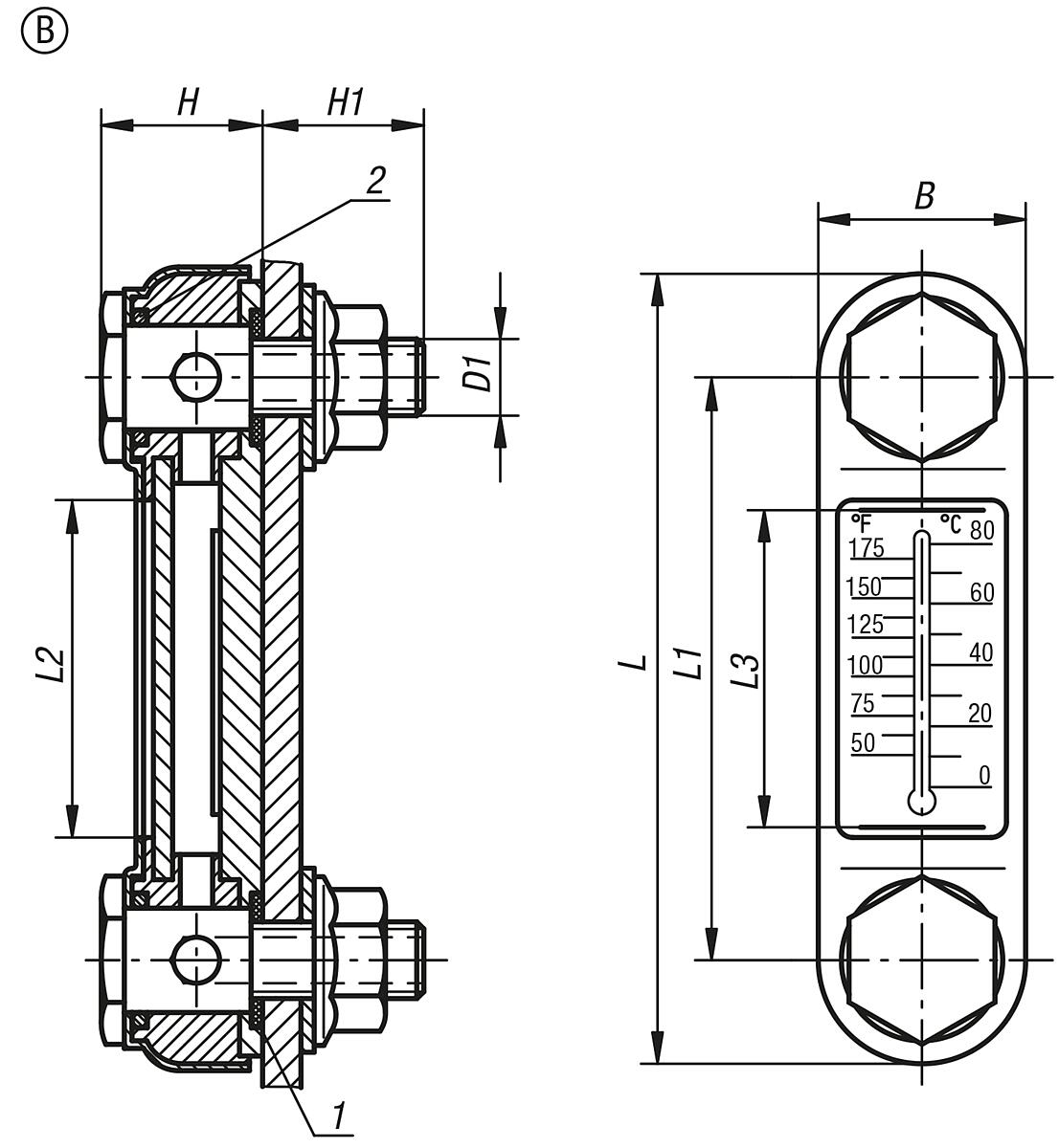 Norelem 28000-207612 ÖLSTANDSANZEIGER, D1=M12, L=76, FORM B - NLM 28000-B OElstandsanzeiger Form B - Massblatt