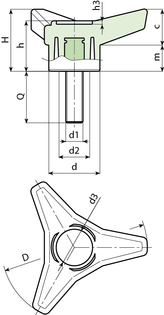 Leschhorn F764 Dreisterngriffschrauben  D 105; d 35; Gewinde d1 M12; Kunststoff PA, schwarz - Boteco F764 Dreisterngriffschrauben