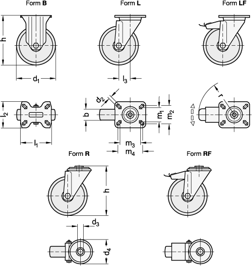 Ganter 22892-100-G-B-L-NI  Transportrollen, Polyamid, leichte Ausführung, Raddurchmesser d1 (Form B / L / R): 100, Lagerart: G - Gleitlager, Form (Gehäuse): B - Bockrolle - GN 22892 Transportrollen - Polyamid - leichte Ausfuehrung - Massblatt