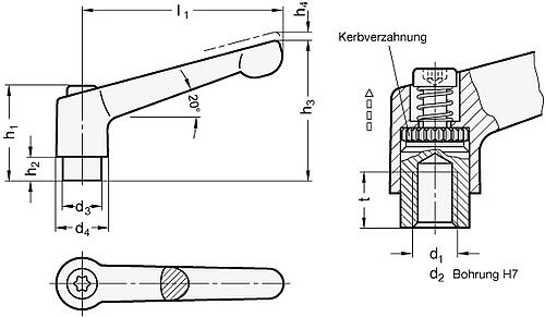 Ganter 300-108-B12-CR Verstellbare Klemmhebel, Zink Druckguss, Buchse Stahl brüniert - GN 300 Verstellbare Klemmhebel - Zink Druckguss - Buchse Stahl brueniert-Skizze