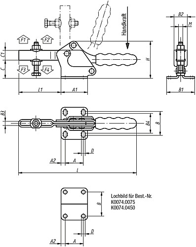 Kipp K0074.0075 SCHNELLSPANNER HORIZONTAL, MIT WAAGRECHTEM FUSS, P=75 daN - KIPP K0074 Schnellspanner horizontal mit waagrech