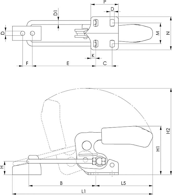 AMF 6848HSNIE-4 Verschlussspanner horizontal mit blauem Handgriff und Sicherheitsverriegelung, Größe : 4, F1: 7,0 kN - LE 6848HSNIE Verschlussspanner horizontal mit blauem Handgriff und Sicherheitsverriegelung-Skizze