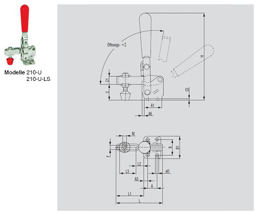 DESTACO 210-TUB Vertikal-Kniehebelspanner Haltekraft 2800 N - 3400 N, Öffnungswinkel 105° - 210-U 210-U-LS Vertikalspanner - U-Spannarm - Fuss abgewinkelt - ohne Spindel