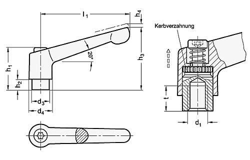 Ganter 300.2-108-M12-CR Verstellbare Klemmhebel, Zink Druckguss, Buchse Stahl verzinkt - GN 300-2 Verstellbare Klemmhebel - Zink Druckguss - Buchse Stahl verzinkt-Abbildung