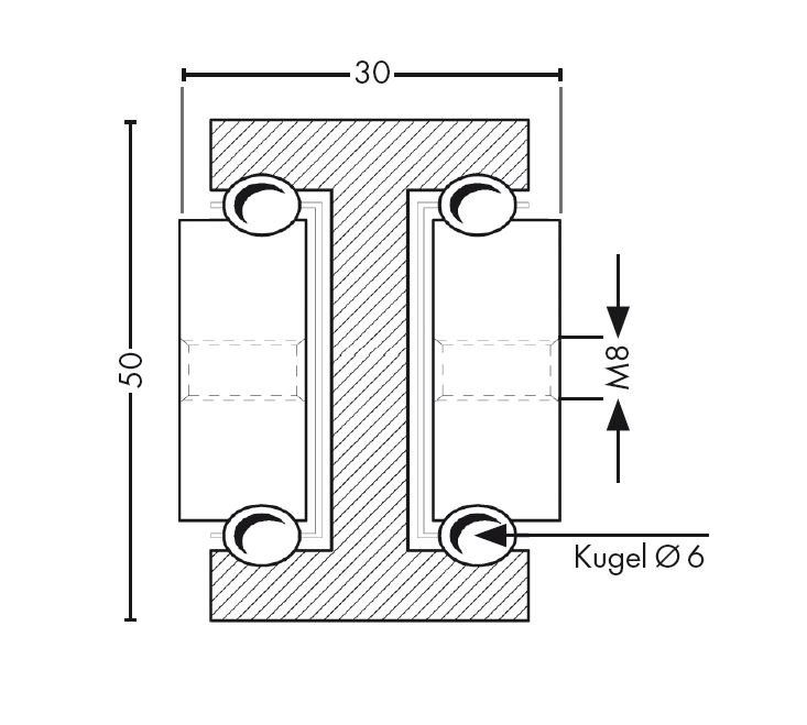 Leschhorn HPTV 5030-140-ST Hochpräzise Schwerlast-Teleskopschienen, Vollauszug, Profil 50x30; A= 1400, Gewinde= M8, Lastwert 250kg,  Stahl C45E+C (1.1191) verzinkt - LE HP5030 Profilquerschnitt
