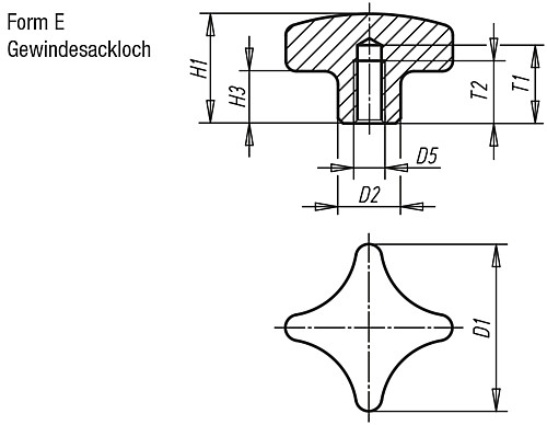Kipp K0146.5032062 KREUZGRIFF EDELSTAHL, FORM E, D1=32, D5=M6 - KIPP K0146-E Kreuzgriffe aehnlich DIN 6335 Edelstah