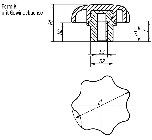 Norelem 06210-205 Sterngriff Sterngriff, Thermoplast, schwarz - Norelem 06210-K Sterngriffe mit vorstehender Stahlbuchse Form K