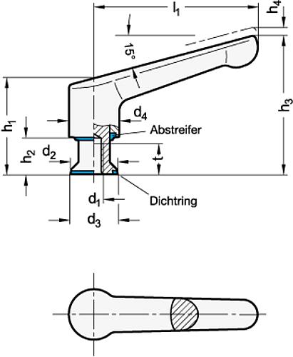 Ganter 305-63-M6-PL-H Verstellbare Edelstahl Klemmhebel, mit Buchse, Hygienic Design - GN 305 Verstellbare Edelstahl Klemmhebel - mit Buchse - Hygienic Design-Skizze