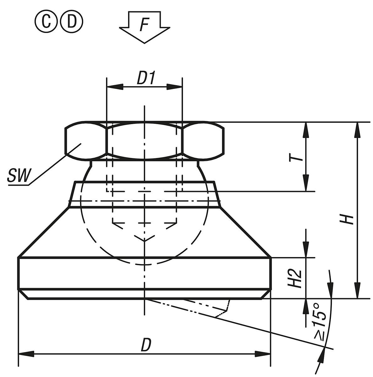 Norelem 07144-516 GELENKTELLER FORM C, D1=M16, D2=50 - NLM 07144-C-D Gelenkteller Form C und Form D - Massblatt