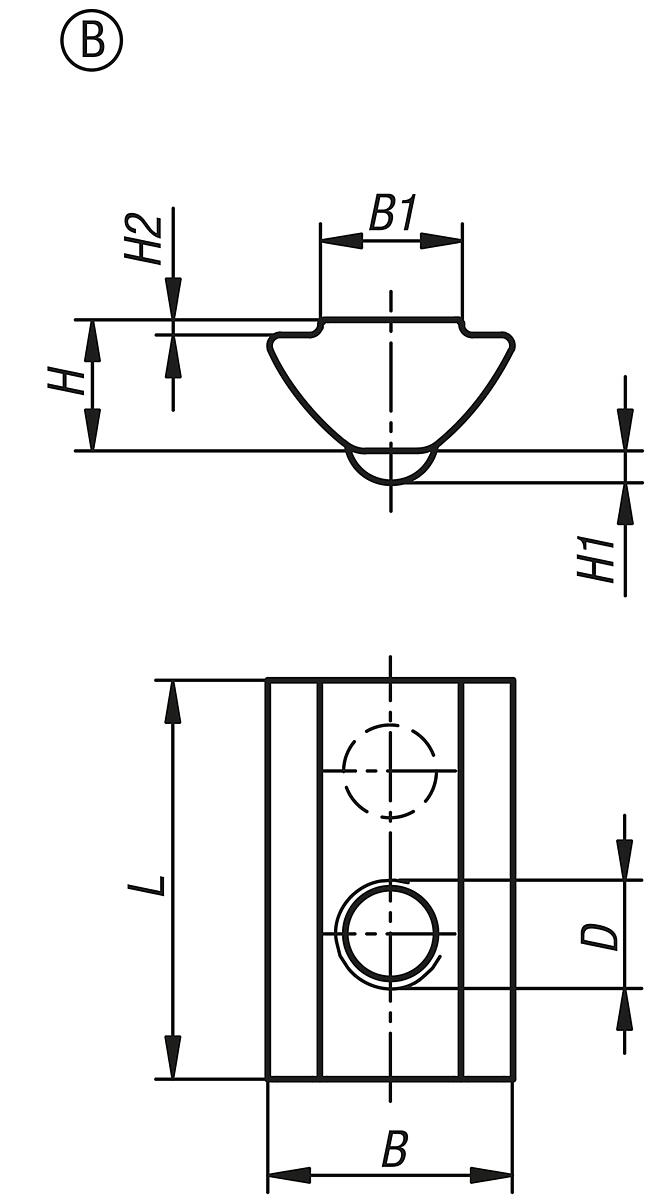 Norelem 07073-0805 NUTENSTEIN EINSCHWENKBAR D=M05 B=13,5, FORM:B STAHL, MIT STEG - NLM 07073 Nutensteine einschwenkbar mit Steg Typ I - Massblatt