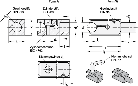 Ganter 476.2-B10-10-W-ELS  Reling-T-Klemmhalter, Aluminium, teilbar, Bohrung d1: B 10, Durchmesser d3: 10, Form: W - mit Bolzen - GN 476-2 Reling-T-Klemmhalter - Aluminium - teilbar - Massblatt