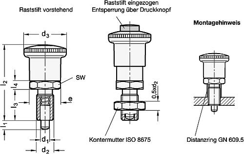 Ganter 414.1-10-12-AK Rastbolzen, mit Klick Rastsperre, Entsperren über Druckknopf - GN 414-1 Rastbolzen - mit Klick Rastsperre - Entsperren ueber Druckknopf-Abbildung