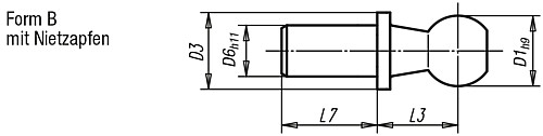 Leschhorn 71803 KUGELZAPFEN F. WINKELGELENK DIN 71803 FORM B mit Nietzapfen, D1=10H9 L7= 4,5 mm, Stahl, verzinkt - Norelem 27656-B Kugelzapfen fuer Winkelgelenke DIN 71803 Form B
