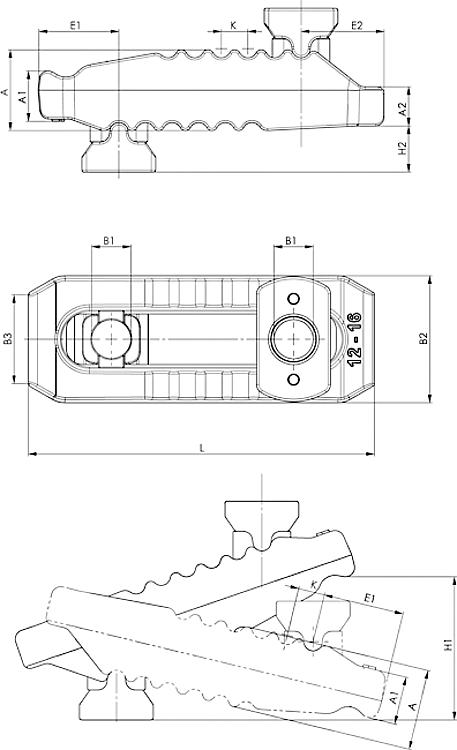 AMF 6312V-13 "Krokodil" Spannpratze, Spannkraft max.*: 30 kN, Nut: 10, 12, 14, H1: 0-55 - LE 6312V Krokodil Spannpratze mit Gegenhalter - verstellbar-Skizze