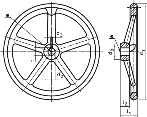 Halder 24580.0115 Handrad DIN 950 Grauguss Ø 140 x Ø 14, mit Nut, ohne Griff, Form N-F/A (alt: A 3), d2 klein - Handraeder Handrad DIN 950 Grauguss