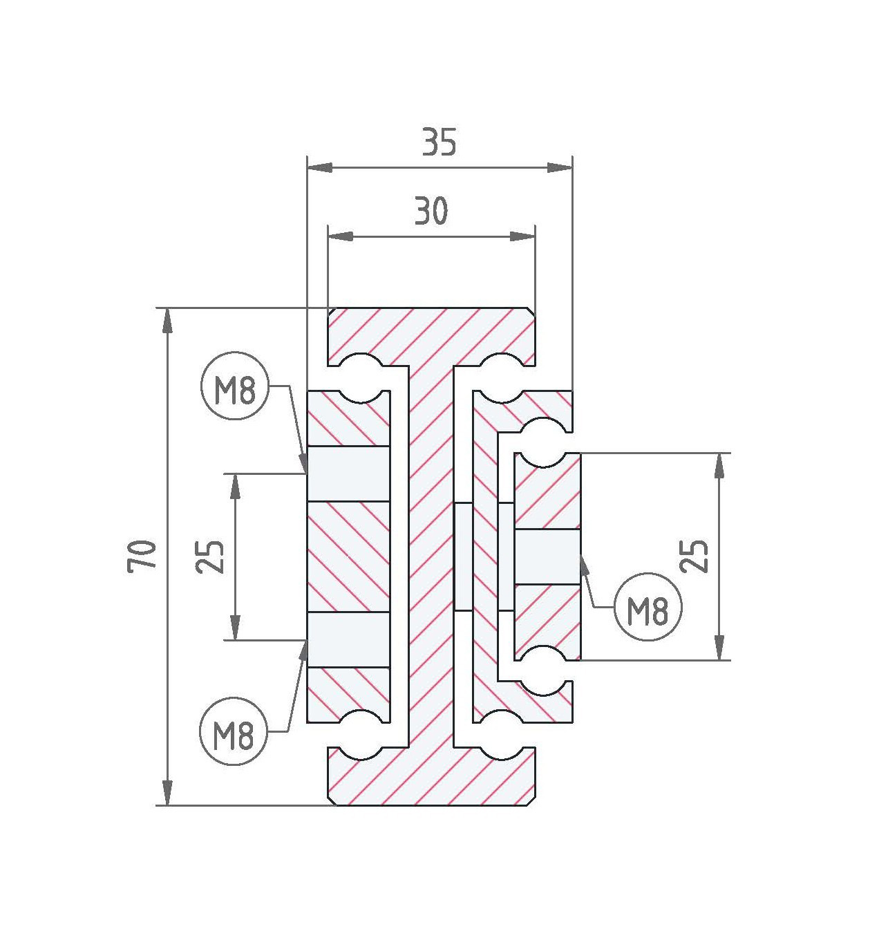 Leschhorn HPTCU 7035-0300-GG-ST Hochpräzise Schwerlast-Teleskopschienen, TC-Profil 70x35, Überauszug 150%, A=450, GG: Gewinde M8/Gewinde M8, Lastwert 260kg, Stahl verzinkt - LE HPTCU-7035 Profilquerschnitt