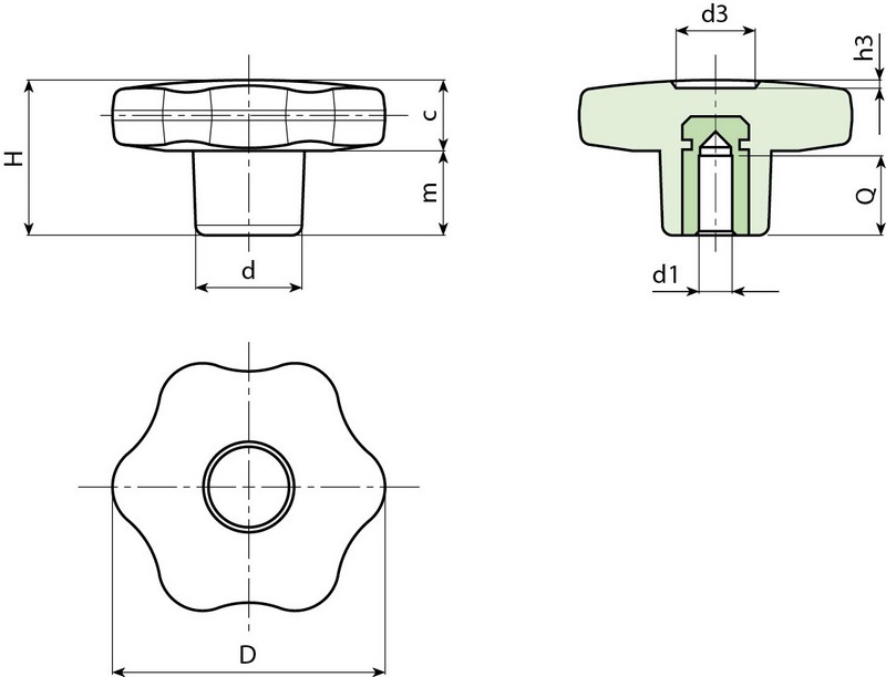 Leschhorn F176 Sterngriffe  D 30; d 15; Gewinde d1 06; Kunststoff PA, schwarz, Gewindebuchse Messing - Boteco F176 Sterngriffe