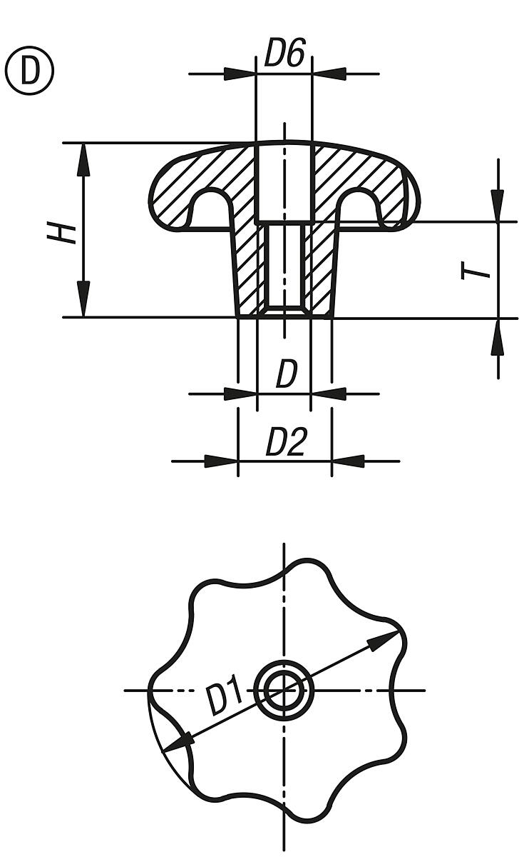 Kipp K0151.406 STERNGRIFF GG, FORM D, D1=32, D5=M6 - K0151-D Sterngriffe DIN 6336 aus Grauguss - Form D - Massblatt