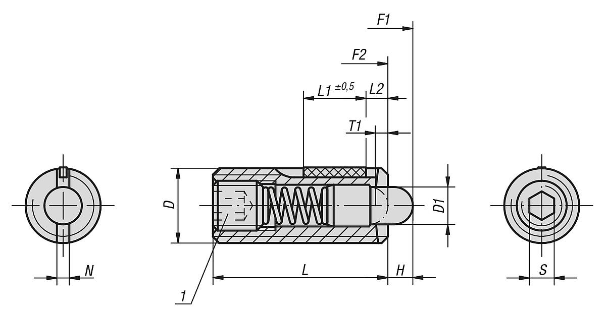 Norelem 03041-08 FEDERNDES DRUCKSTÜCK  M8, BOLZEN, LONG LOK - NLM 03041 Federnde Druckstuecke-Innensechskant-Druckbolzen-Standard-LONG LOK-Massblatt